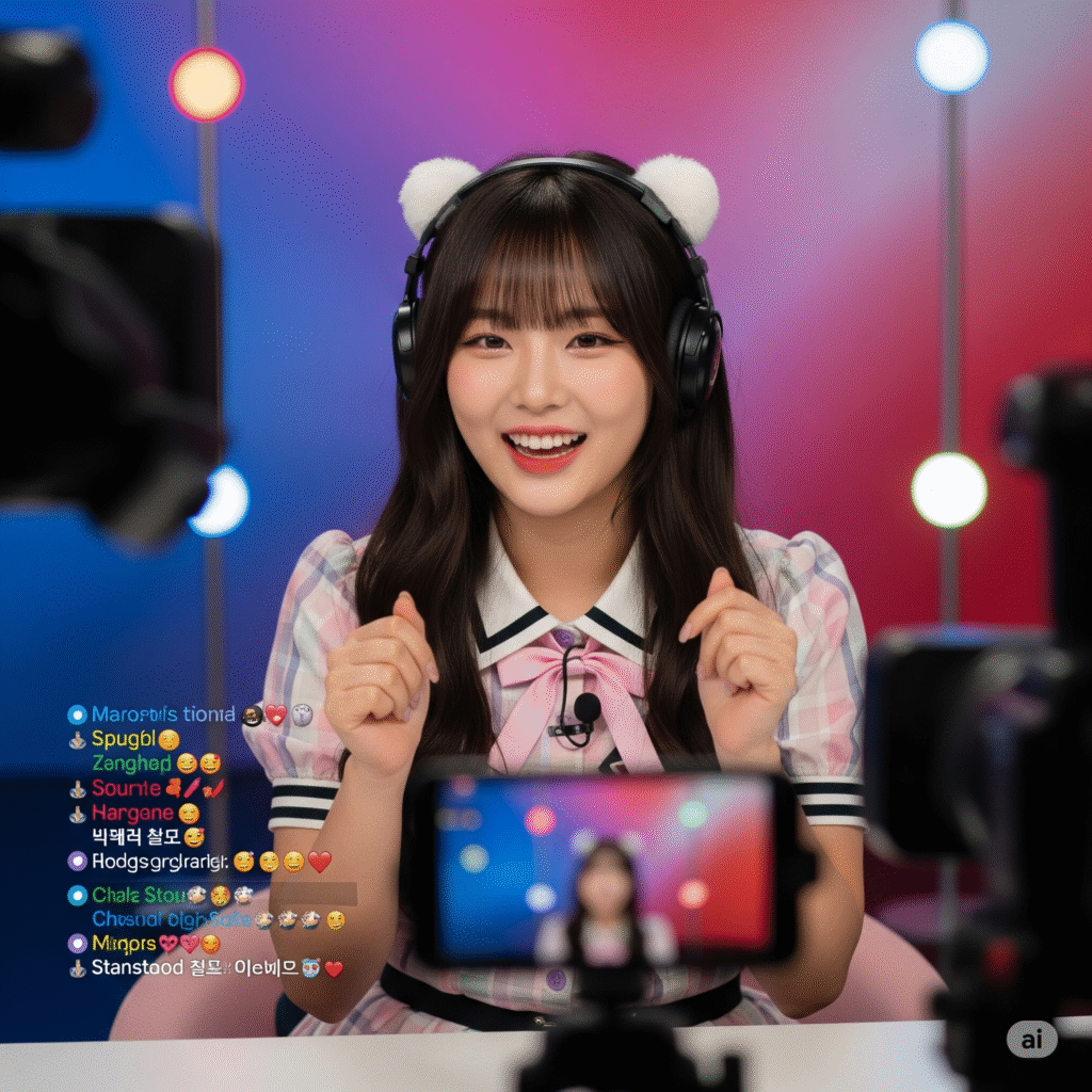 인기 여자 BJ 스트리머가 실시간으로 사용자와 채팅하며 콘텐츠를 제작하는 장면