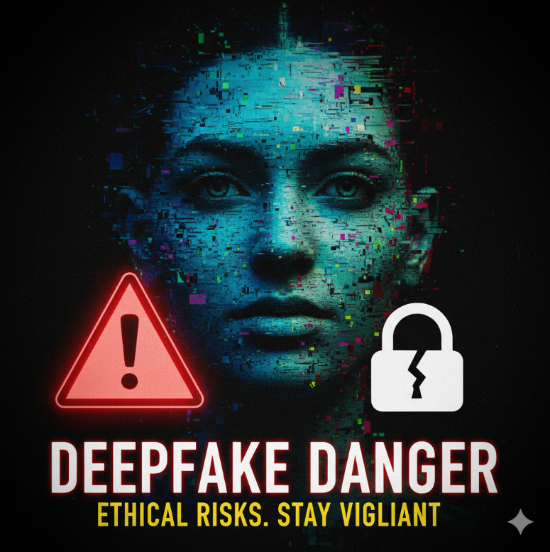 딥페이크 콘텐츠 썸네일. 윤리적 위험을 강조하며, 사용자 경각심을 유도.