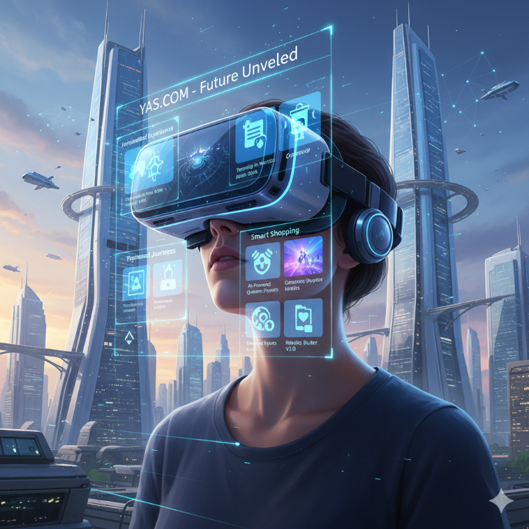 야스닷컴 미래 비전 이미지. VR 헤드셋과 AI 추천 UI를 포함한 컨셉 아트. 야스닷컴 미래 비전 이미지. VR 헤드셋과 AI 추천 UI를 포함한 컨셉 아트.