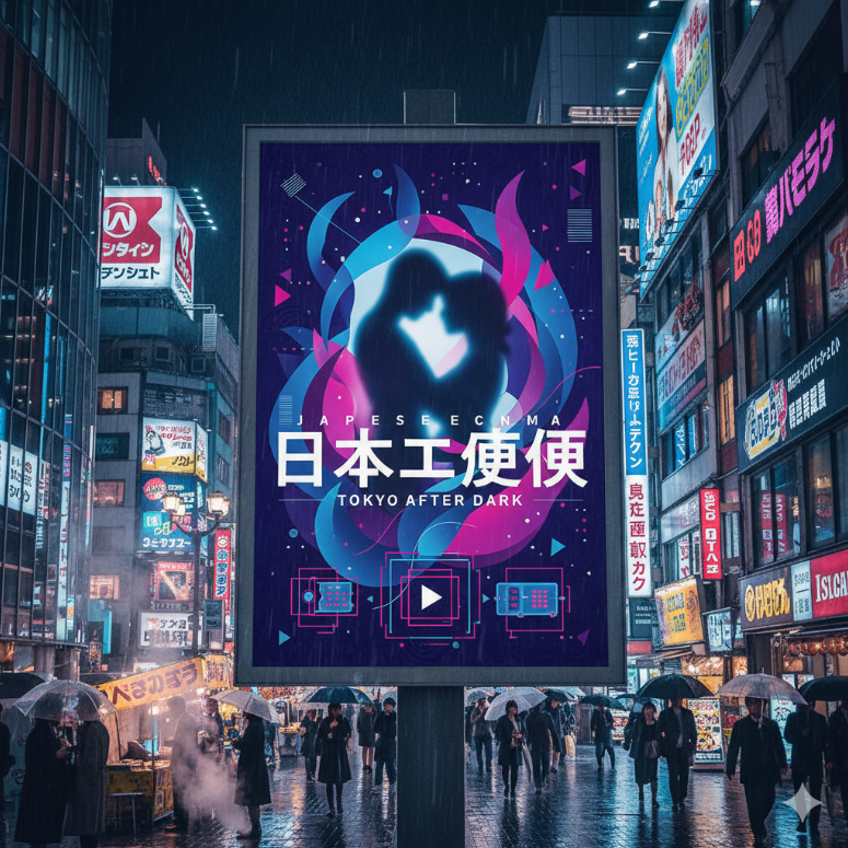 일본의 화려한 도쿄 거리를 배경으로 한 AV 산업 관련 포스터 이미지.