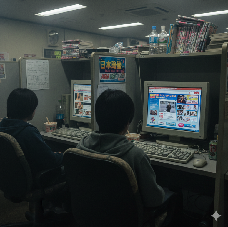 2000년대 일본의 인터넷 카페를 배경으로 한 이미지. 당시의 컴퓨터와 일본야동 스트리밍 사이트의 초기 인터페이스를 보여주는 이미지.