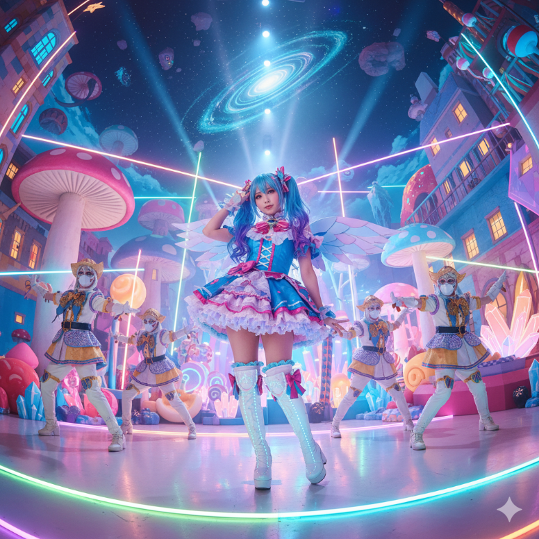 코스프레를 한 AV 배우가 등장하는 화려한 세트장 이미지.