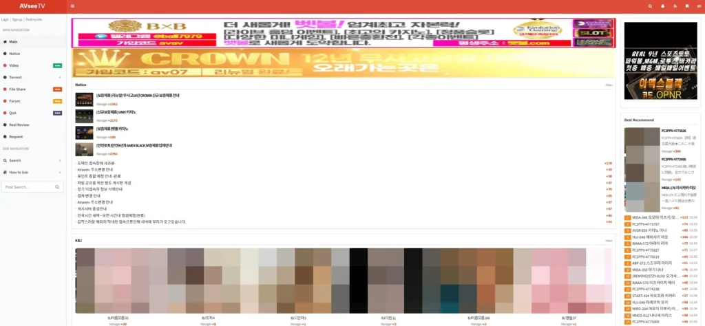 AVseeTV 메인 페이지 스크린샷.