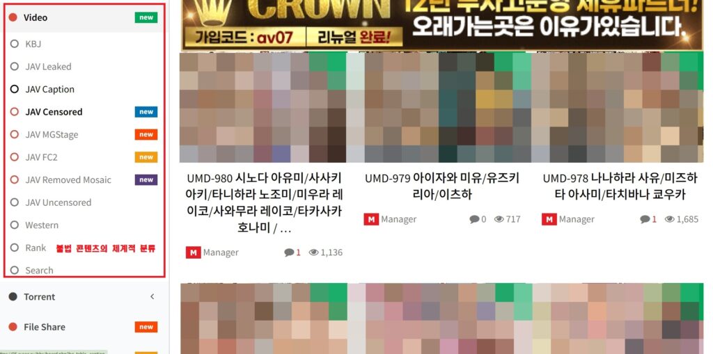 AVseeTV 카테고리 메뉴 확대 스크린샷. 불법 콘텐츠의 체계적 분류를 보여주고 있다.