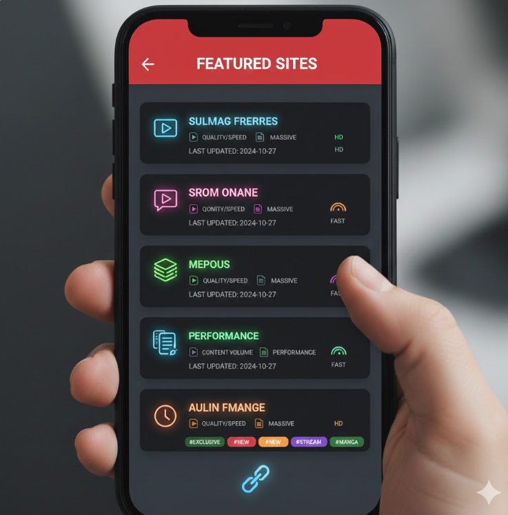 다크 테마의 카드형 레이아웃으로 성인 사이트 목록 표시