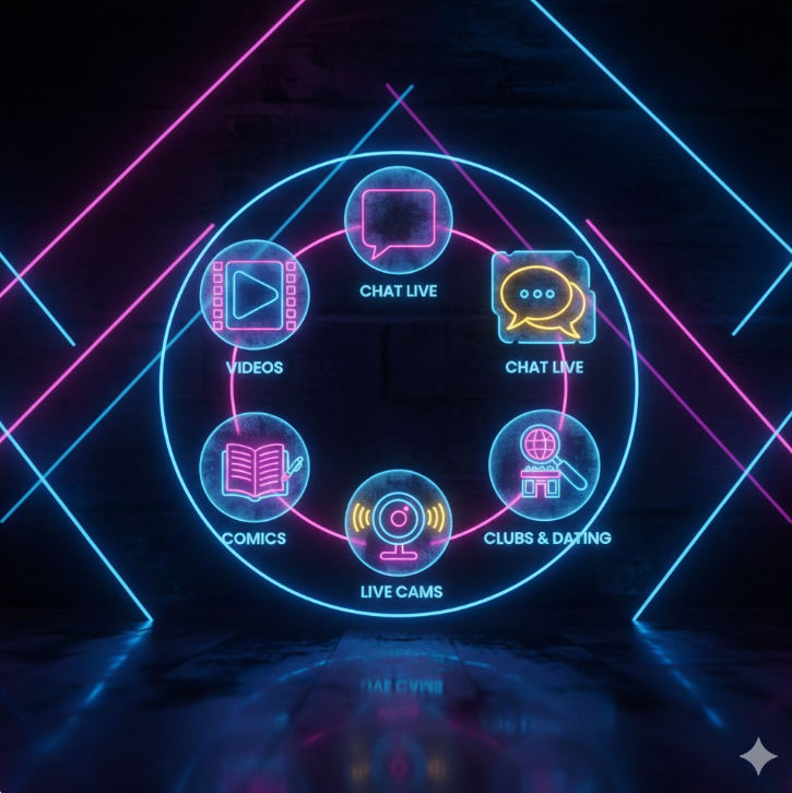 네온 조명이 들어온 다크 배경에 다양한 성인 콘텐츠 카테고리 아이콘 컬렉션